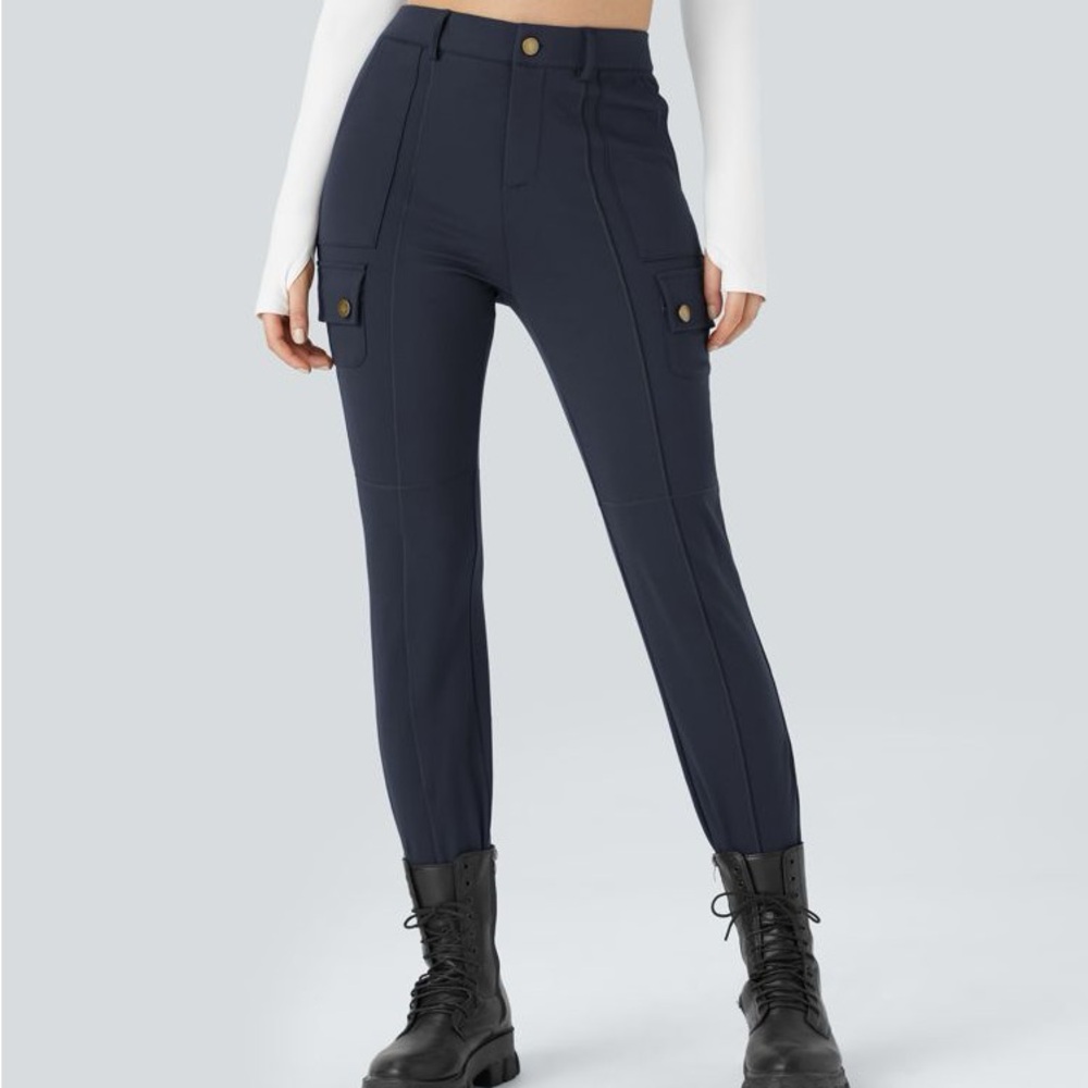 High Waisted Button Zipper Multiple Pockets Solid Skinny Cargo Pants